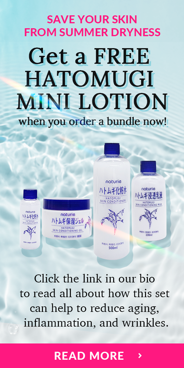 Save your skin from summer dryness | Get a free hatomugi mini lotion when you order a bundle now! | Click the link in our bio to read all about how this set can help to reduce aging, inflammation, and wrinkles. | Read More >